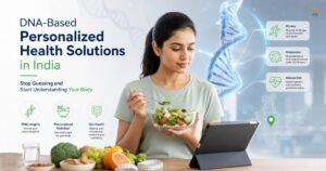 An Indian woman eating a healthy salad and using a tablet next to a DNA helix graphic, representing DNA-based personalized health solutions in India.