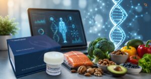GeneSupport saliva DNA collection kit with healthy foods including salmon, broccoli, avocado, almonds, and a digital DNA health dashboard representing personalized nutrition and genetic wellness.