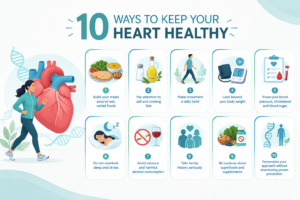 10 ways to keep your heart healthy infographic showing diet, salt intake, exercise, health screenings, sleep, tobacco avoidance, family history, supplements and personalised wellness.