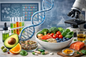 Nutrigenomics and personalised nutrition showing DNA analysis, laboratory equipment, healthy foods, fruits, vegetables, nuts and salmon.