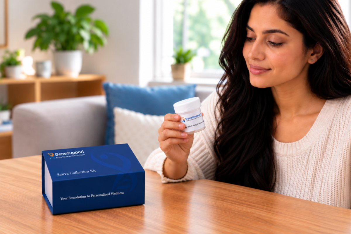 Woman using the GeneSupport DNA saliva collection kit for personalised wellness and genetic testing.