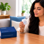 Woman using the GeneSupport DNA saliva collection kit for personalised wellness and genetic testing.