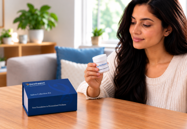 Woman using the GeneSupport DNA saliva collection kit for personalised wellness and genetic testing.