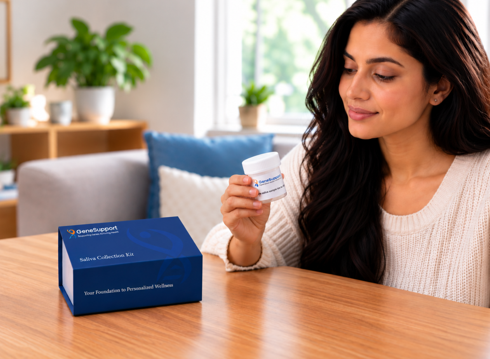 Woman using the GeneSupport DNA saliva collection kit for personalised wellness and genetic testing.